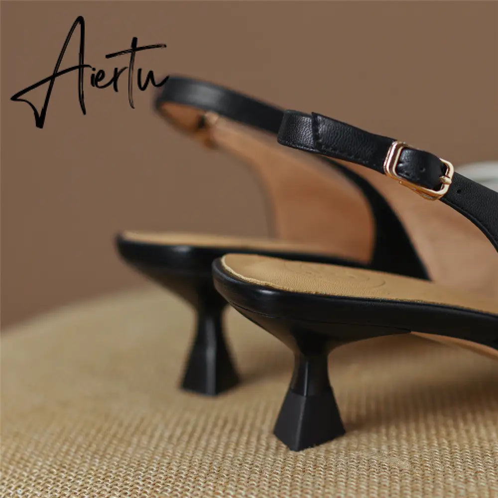 Aiertu  Heel Sandal for Women Summer Genuine Leather Slingback Elegent Thin Mid Heel Pointed Buckle Butterfly Decor Woman Shoe 42 Aiertu
