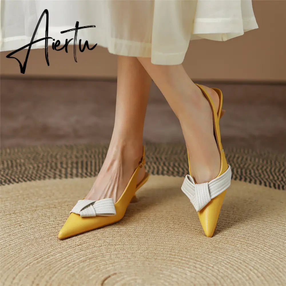 Aiertu  Heel Sandal for Women Summer Genuine Leather Slingback Elegent Thin Mid Heel Pointed Buckle Butterfly Decor Woman Shoe 42 Aiertu
