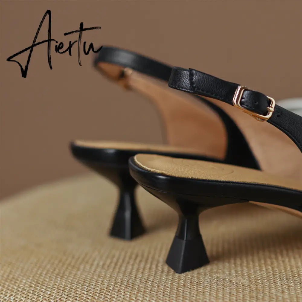 Aiertu  Heel Sandal for Women Summer Genuine Leather Slingback Elegent Thin Mid Heel Pointed Buckle Butterfly Decor Woman Shoe 42 Aiertu