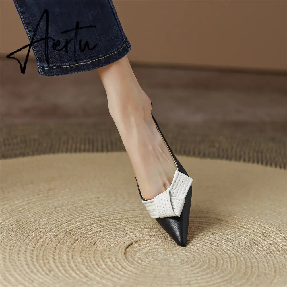 Aiertu  Heel Sandal for Women Summer Genuine Leather Slingback Elegent Thin Mid Heel Pointed Buckle Butterfly Decor Woman Shoe 42 Aiertu
