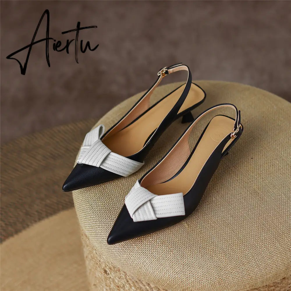 Aiertu  Heel Sandal for Women Summer Genuine Leather Slingback Elegent Thin Mid Heel Pointed Buckle Butterfly Decor Woman Shoe 42 Aiertu