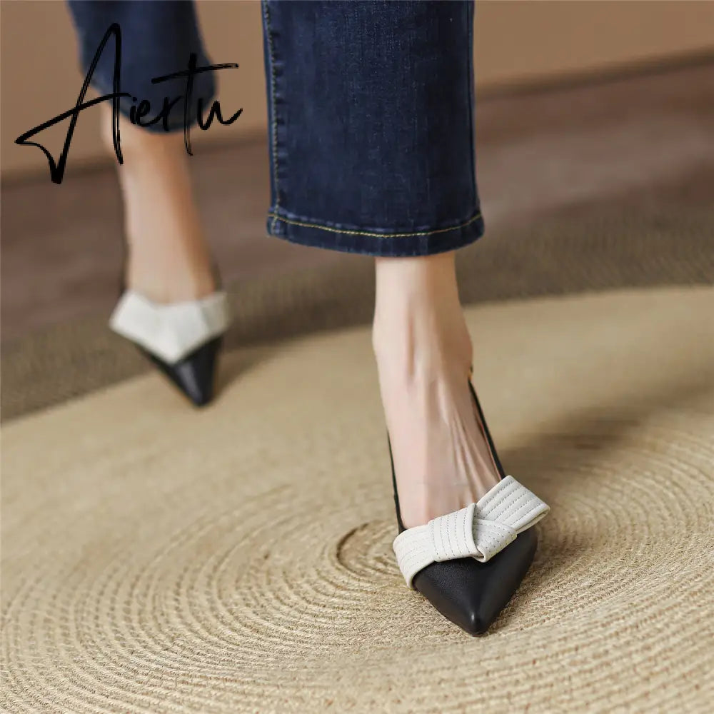 Aiertu  Heel Sandal for Women Summer Genuine Leather Slingback Elegent Thin Mid Heel Pointed Buckle Butterfly Decor Woman Shoe 42 Aiertu