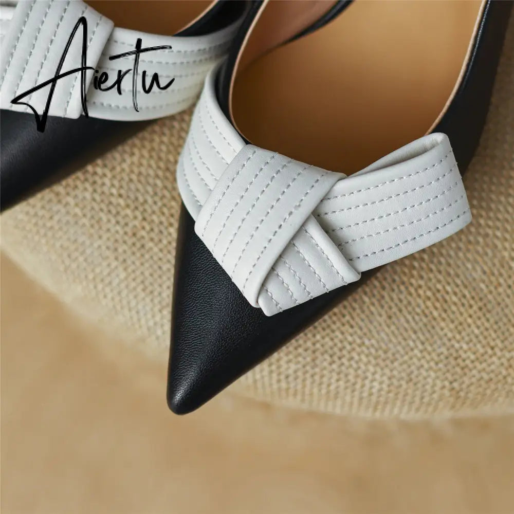 Aiertu  Heel Sandal for Women Summer Genuine Leather Slingback Elegent Thin Mid Heel Pointed Buckle Butterfly Decor Woman Shoe 42 Aiertu