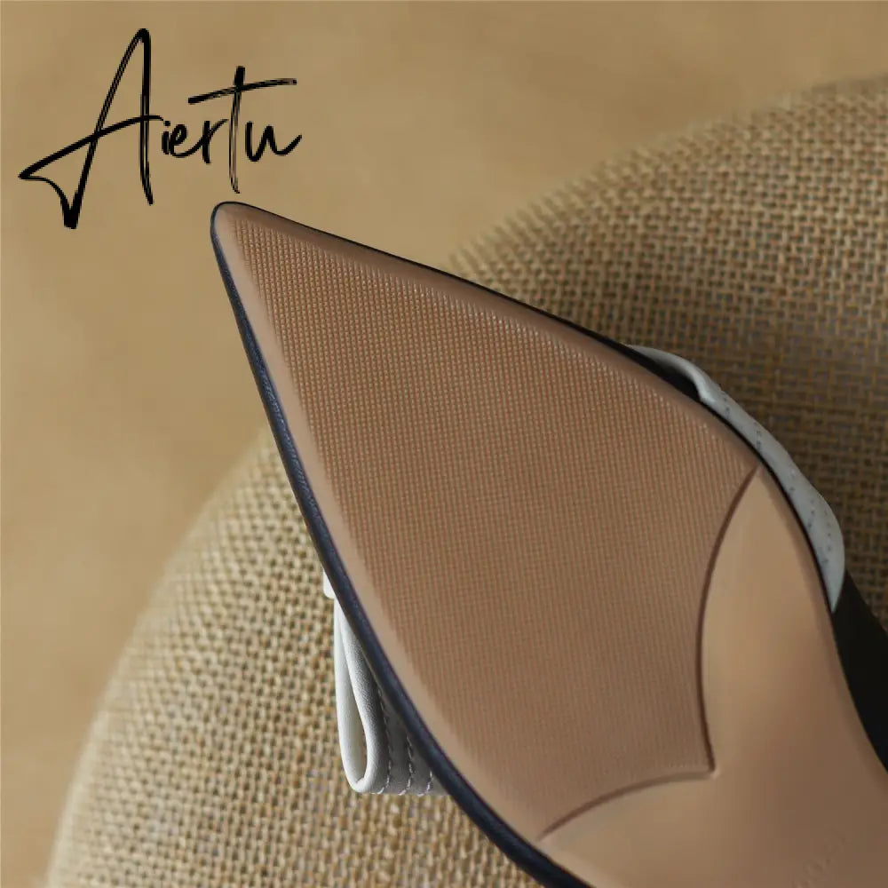 Aiertu  Heel Sandal for Women Summer Genuine Leather Slingback Elegent Thin Mid Heel Pointed Buckle Butterfly Decor Woman Shoe 42 Aiertu