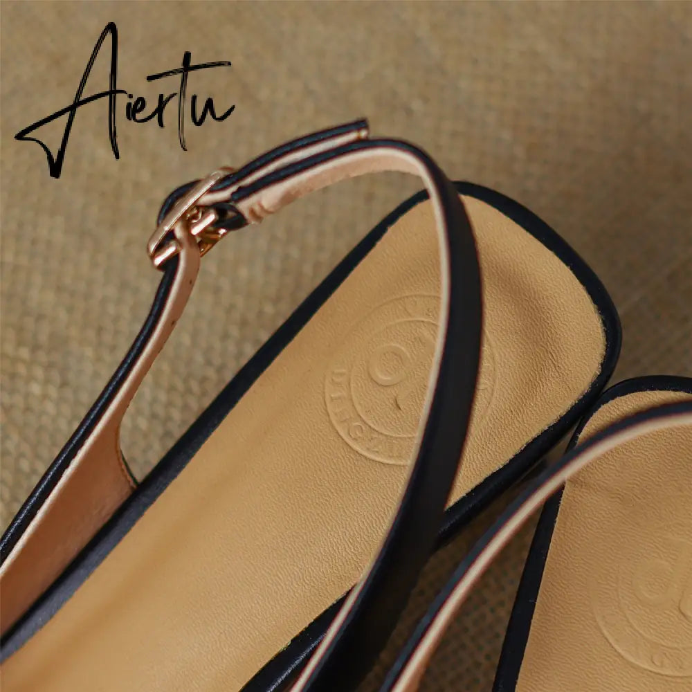 Aiertu  Heel Sandal for Women Summer Genuine Leather Slingback Elegent Thin Mid Heel Pointed Buckle Butterfly Decor Woman Shoe 42 Aiertu