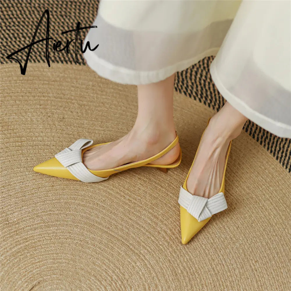Aiertu  Heel Sandal for Women Summer Genuine Leather Slingback Elegent Thin Mid Heel Pointed Buckle Butterfly Decor Woman Shoe 42 Aiertu