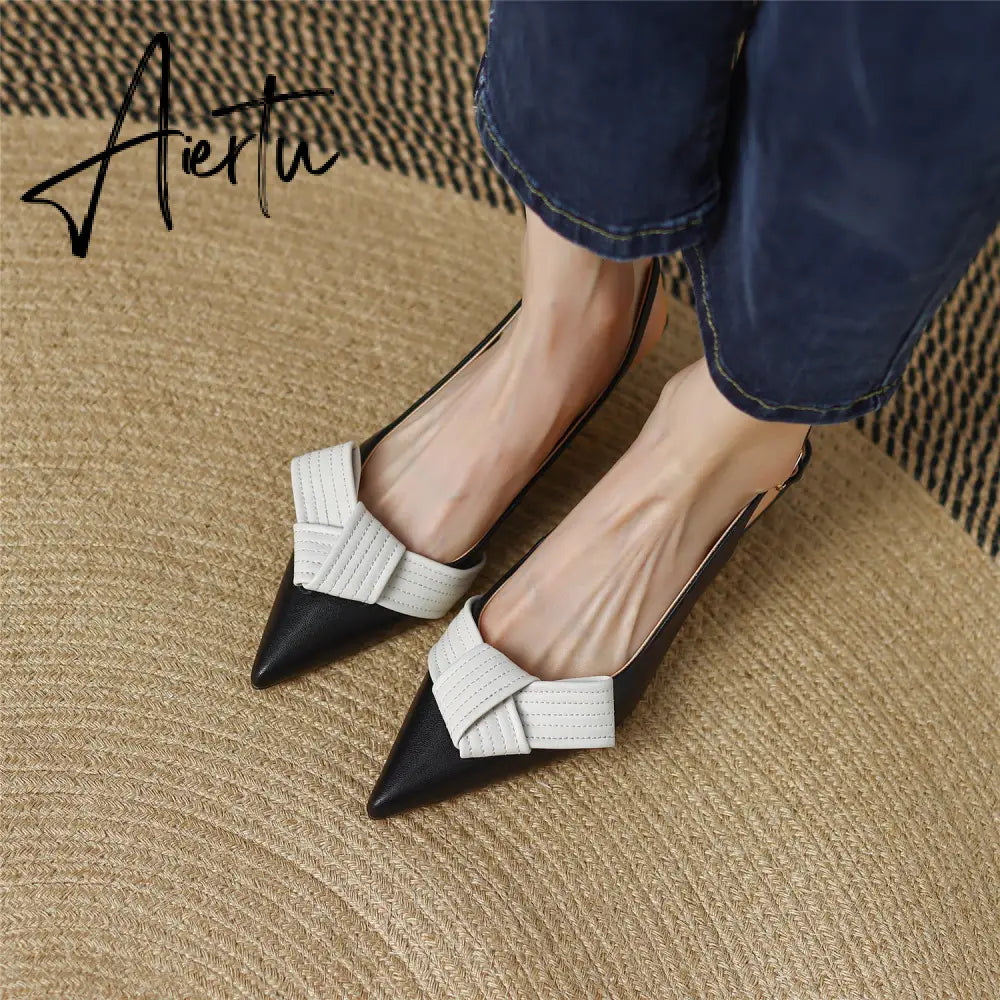 Aiertu  Heel Sandal for Women Summer Genuine Leather Slingback Elegent Thin Mid Heel Pointed Buckle Butterfly Decor Woman Shoe 42 Aiertu
