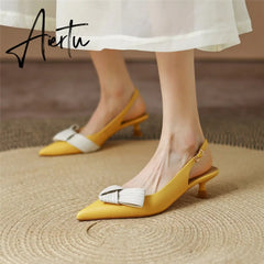 Aiertu  Heel Sandal for Women Summer Genuine Leather Slingback Elegent Thin Mid Heel Pointed Buckle Butterfly Decor Woman Shoe 42 Aiertu