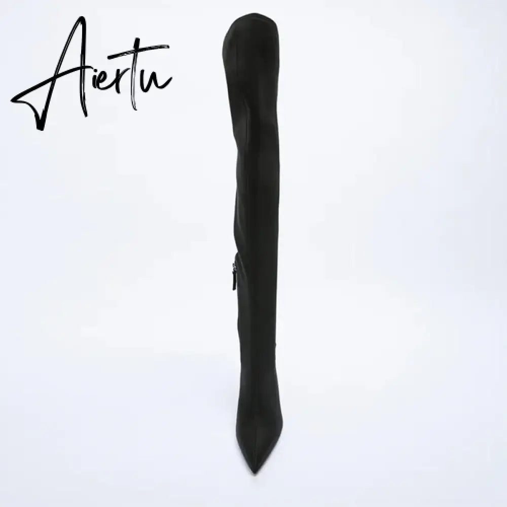 Aiertu High Heel Over Knee Boots For Women Winter New Brand Ladies Black Elastic Satin Pointy Side Zip Slim Heel Stiletto Boots Aiertu