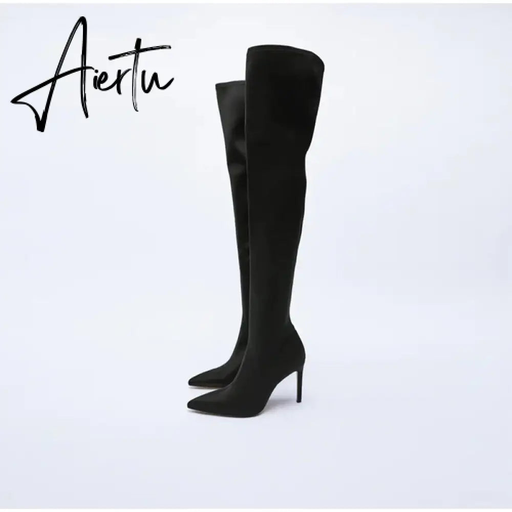 Aiertu High Heel Over Knee Boots For Women Winter New Brand Ladies Black Elastic Satin Pointy Side Zip Slim Heel Stiletto Boots Aiertu
