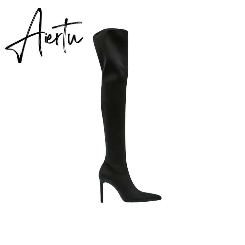Aiertu High Heel Over Knee Boots For Women Winter New Brand Ladies Black Elastic Satin Pointy Side Zip Slim Heel Stiletto Boots Aiertu