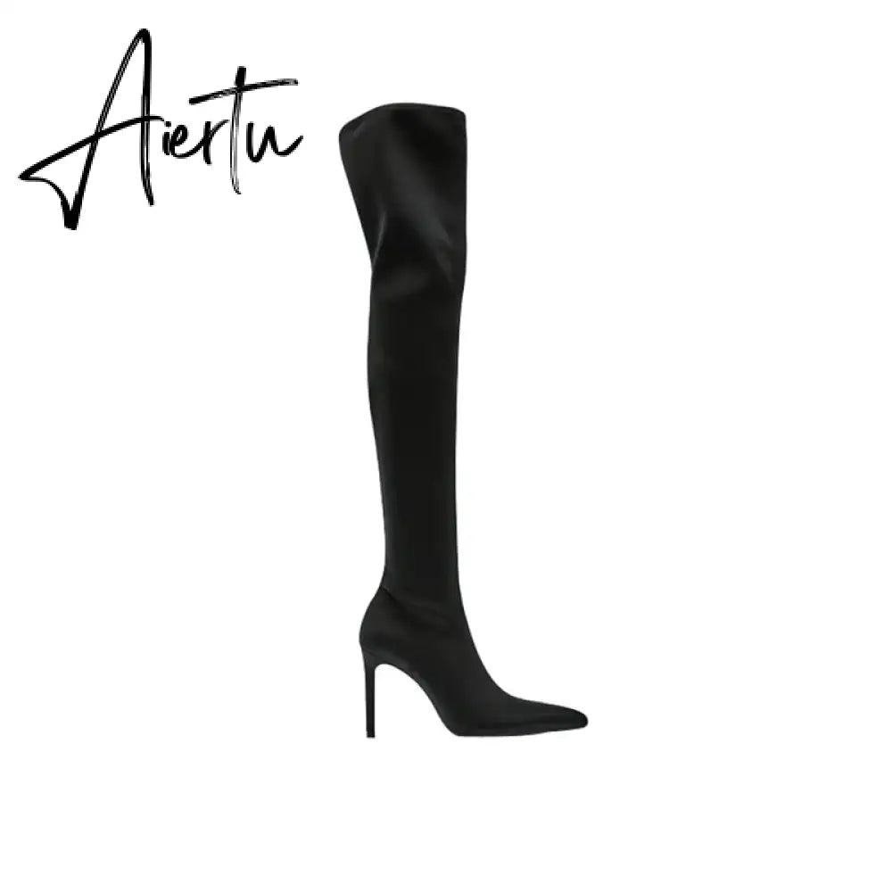 Aiertu High Heel Over Knee Boots For Women Winter New Brand Ladies Black Elastic Satin Pointy Side Zip Slim Heel Stiletto Boots Aiertu