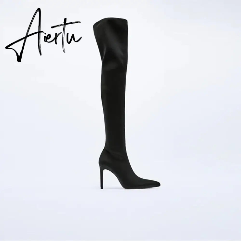 Aiertu High Heel Over Knee Boots For Women Winter New Brand Ladies Black Elastic Satin Pointy Side Zip Slim Heel Stiletto Boots Aiertu