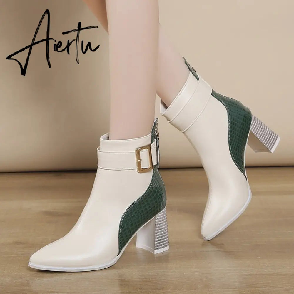 Aiertu High Heel Women's Boots Autumn Fashion PU Leather Pointed Toe Ankle Boots Party Zipper Luxury High Heels Pumps Zapatos Aiertu