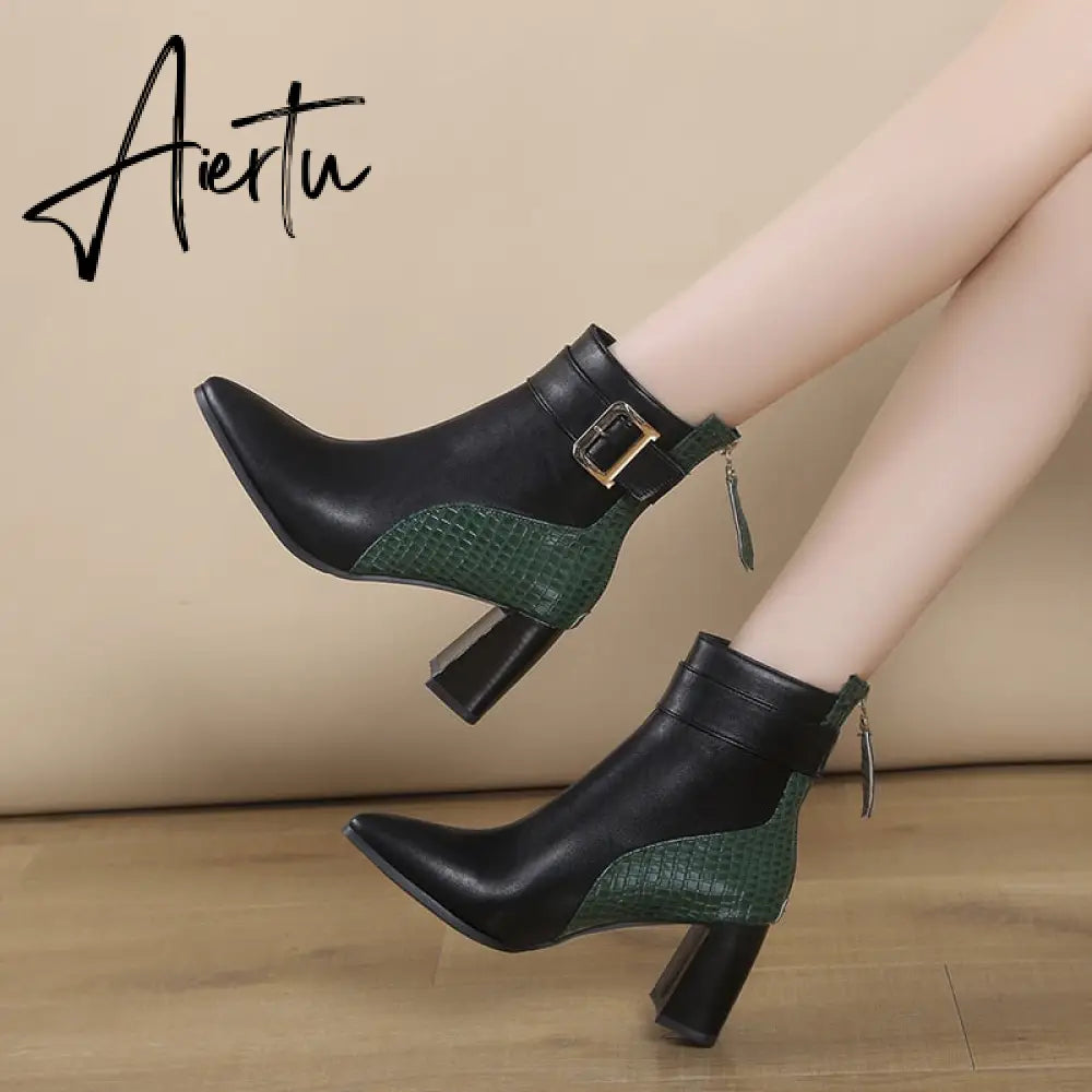 Aiertu High Heel Women's Boots Autumn Fashion PU Leather Pointed Toe Ankle Boots Party Zipper Luxury High Heels Pumps Zapatos Aiertu