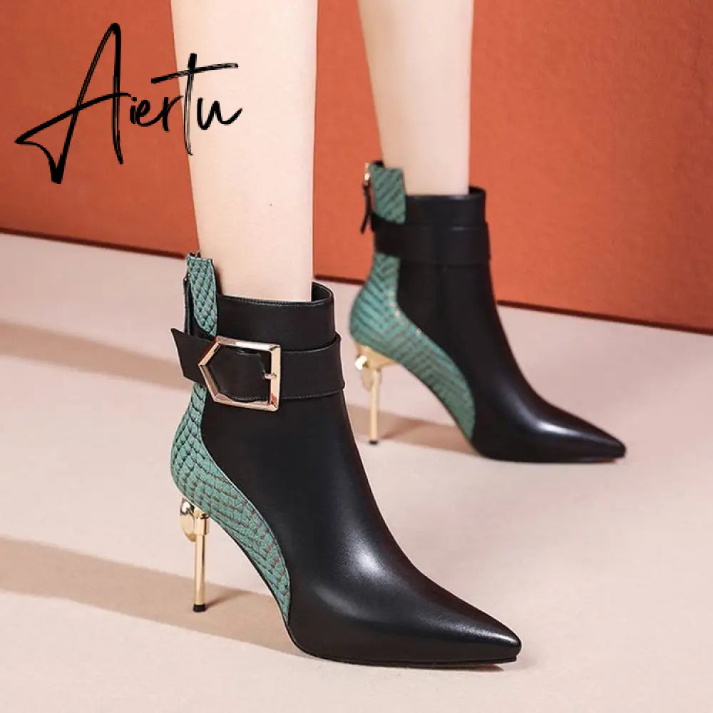 Aiertu High Heel Women's Boots Autumn Fashion PU Leather Pointed Toe Ankle Boots Party Zipper Luxury High Heels Pumps Zapatos Aiertu