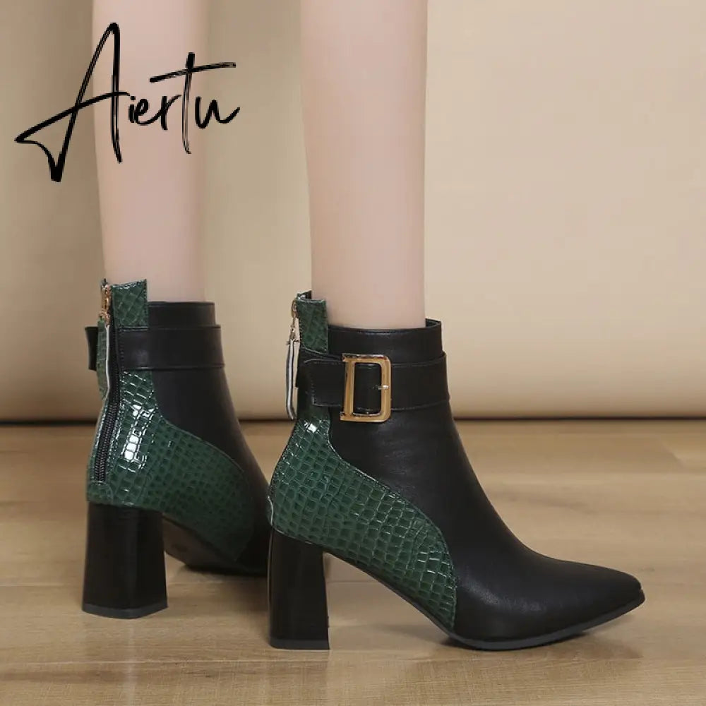 Aiertu High Heel Women's Boots Autumn Fashion PU Leather Pointed Toe Ankle Boots Party Zipper Luxury High Heels Pumps Zapatos Aiertu