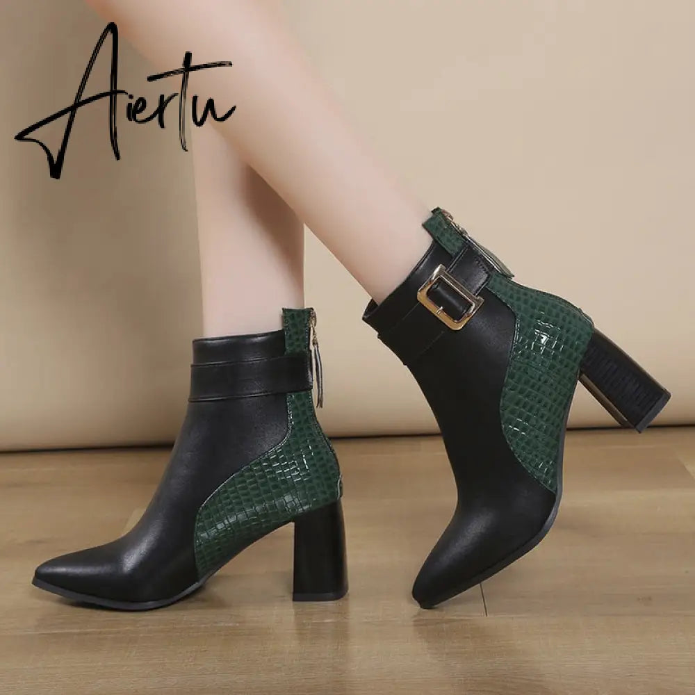 Aiertu High Heel Women's Boots Autumn Fashion PU Leather Pointed Toe Ankle Boots Party Zipper Luxury High Heels Pumps Zapatos Aiertu