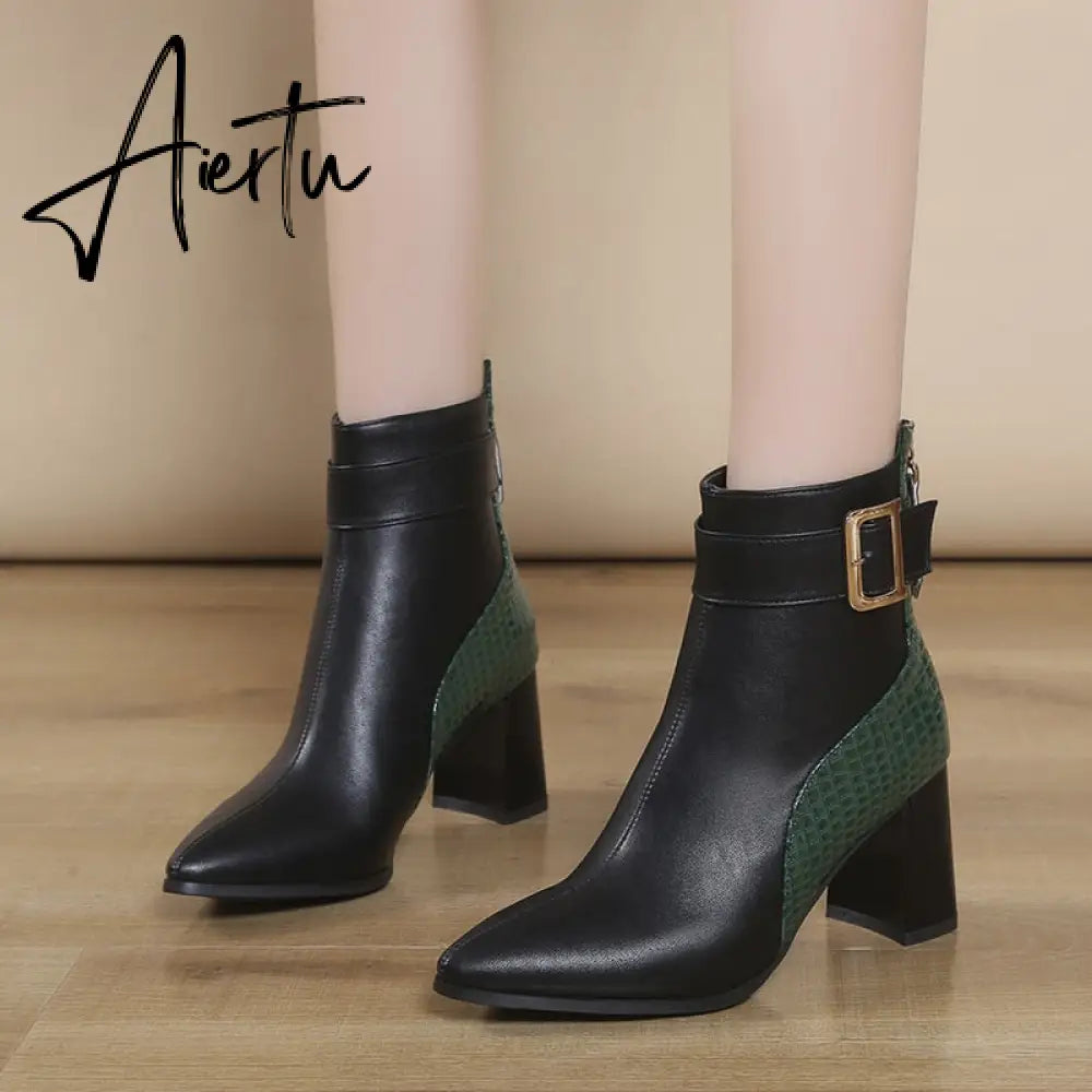 Aiertu High Heel Women's Boots Autumn Fashion PU Leather Pointed Toe Ankle Boots Party Zipper Luxury High Heels Pumps Zapatos Aiertu
