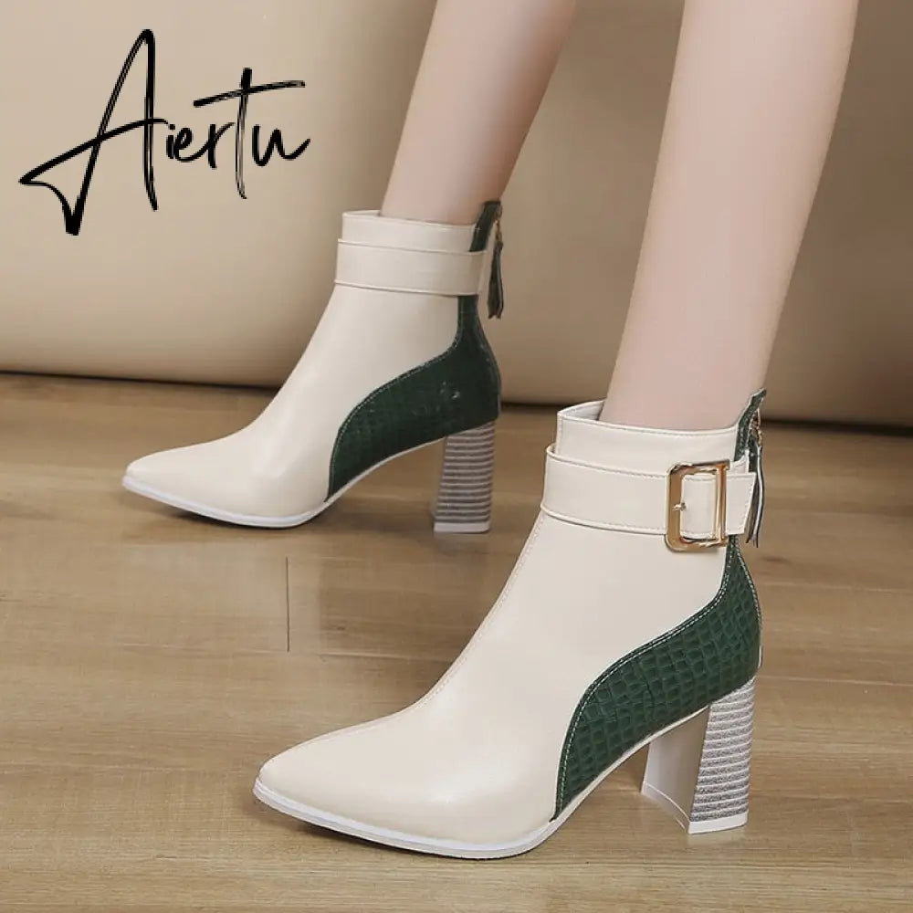 Aiertu High Heel Women's Boots Autumn Fashion PU Leather Pointed Toe Ankle Boots Party Zipper Luxury High Heels Pumps Zapatos Aiertu