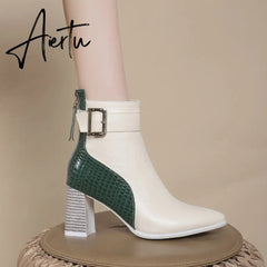 Aiertu High Heel Women's Boots Autumn Fashion PU Leather Pointed Toe Ankle Boots Party Zipper Luxury High Heels Pumps Zapatos Aiertu