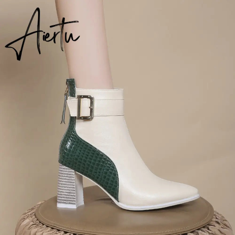 Aiertu High Heel Women's Boots Autumn Fashion PU Leather Pointed Toe Ankle Boots Party Zipper Luxury High Heels Pumps Zapatos Aiertu