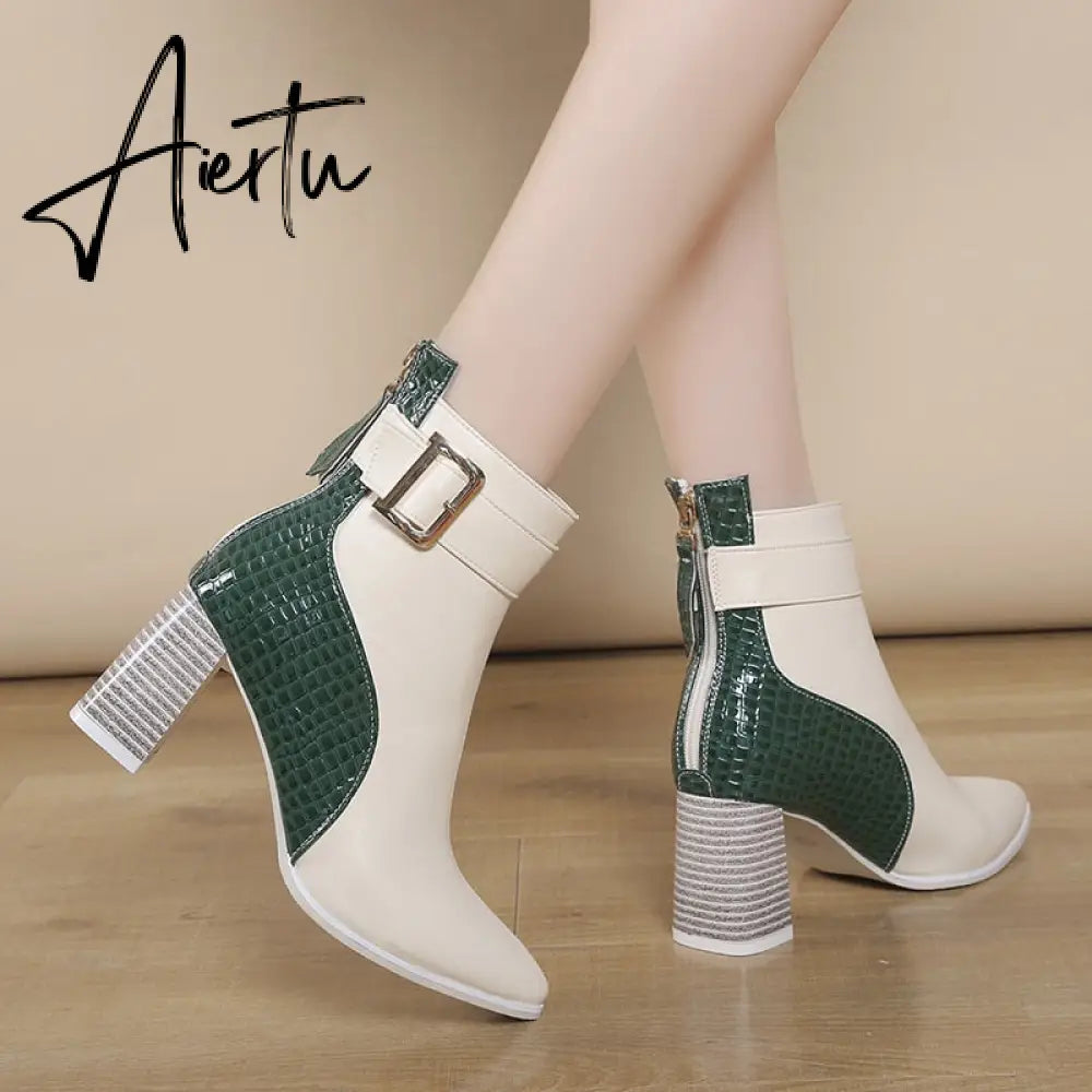 Aiertu High Heel Women's Boots Autumn Fashion PU Leather Pointed Toe Ankle Boots Party Zipper Luxury High Heels Pumps Zapatos Aiertu