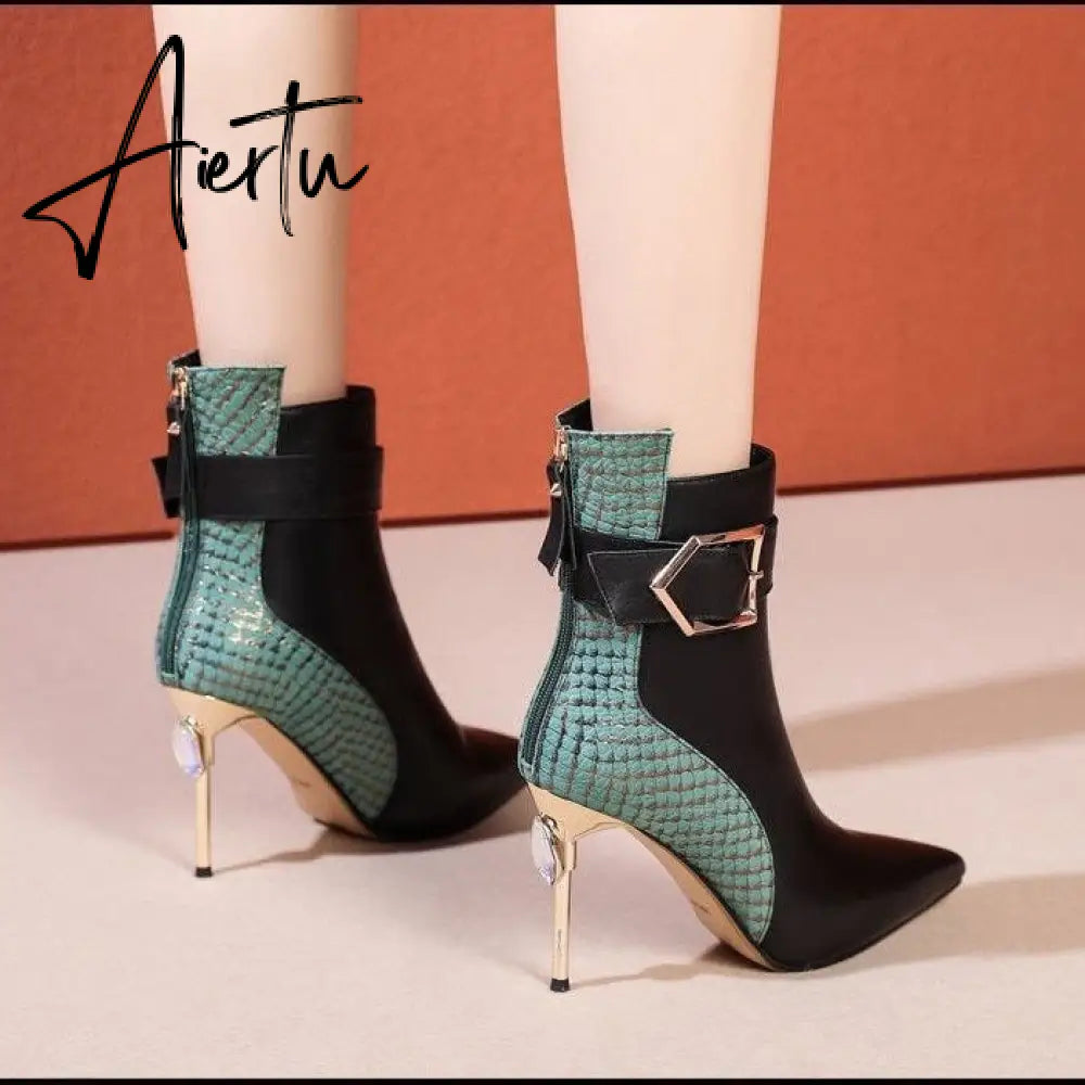 Aiertu High Heel Women's Boots Autumn Fashion PU Leather Pointed Toe Ankle Boots Party Zipper Luxury High Heels Pumps Zapatos Aiertu