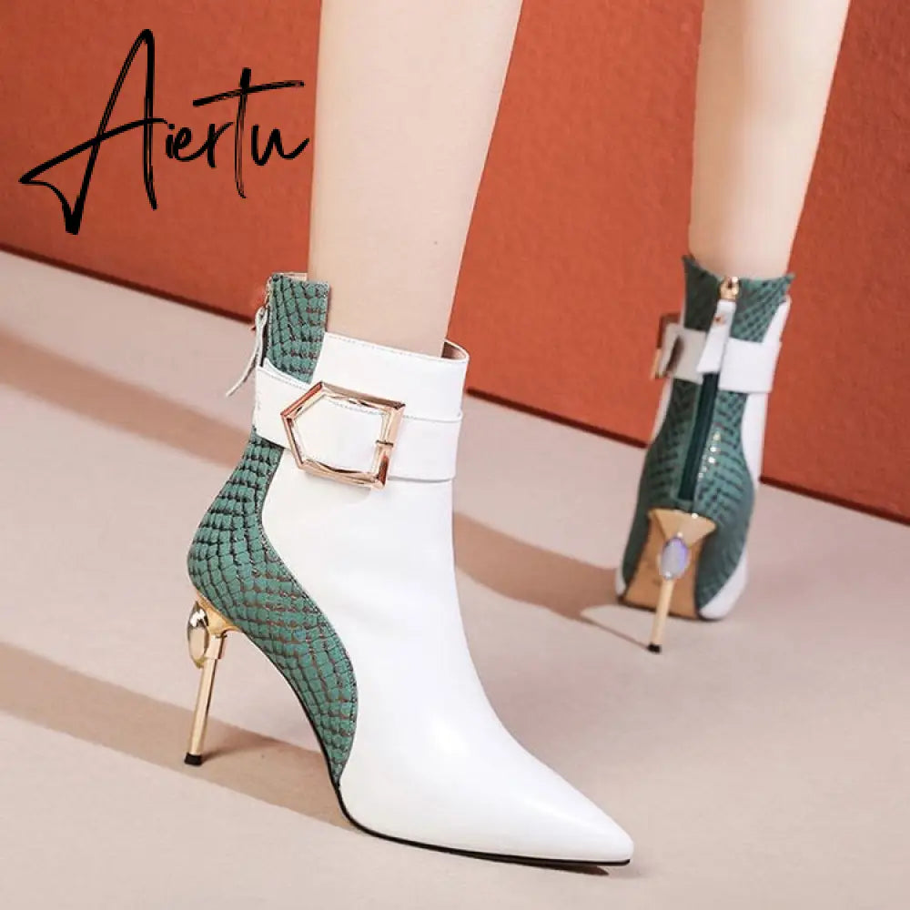 Aiertu High Heel Women's Boots Autumn Fashion PU Leather Pointed Toe Ankle Boots Party Zipper Luxury High Heels Pumps Zapatos Aiertu