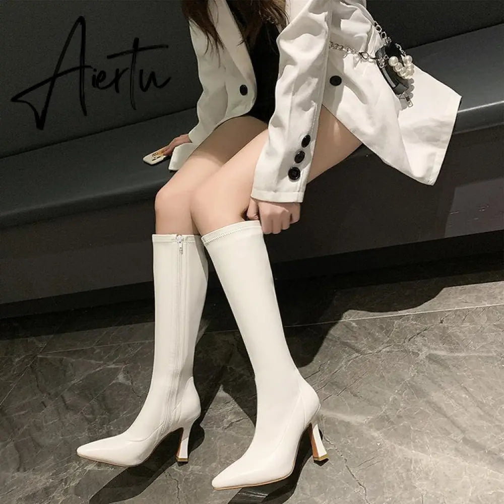 Aiertu High Heels Dress Shoes Pointed Toe Bare Boots Black Booties Thin Heeled Fashion Ankle Boots Retro Ladies Shoes Botas Aiertu