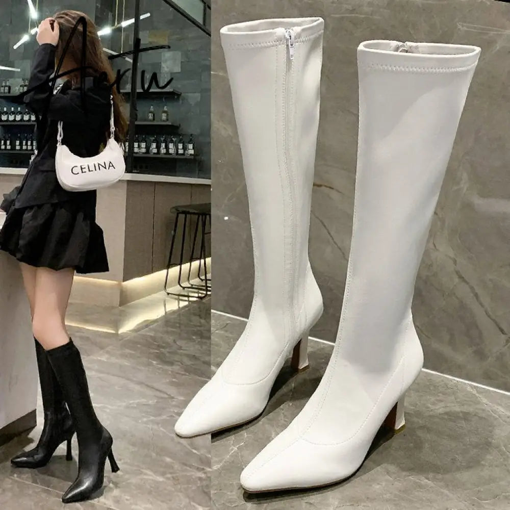 Aiertu High Heels Dress Shoes Pointed Toe Bare Boots Black Booties Thin Heeled Fashion Ankle Boots Retro Ladies Shoes Botas Aiertu