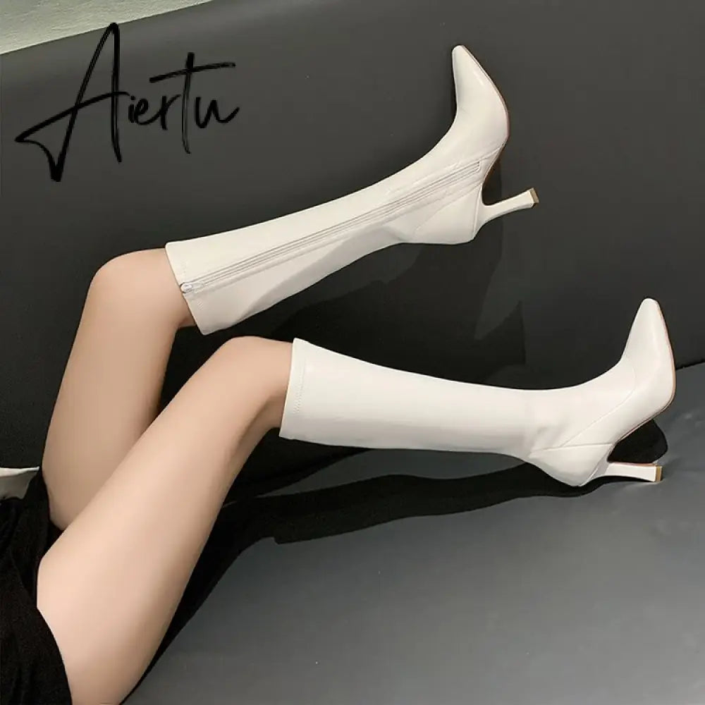 Aiertu High Heels Dress Shoes Pointed Toe Bare Boots Black Booties Thin Heeled Fashion Ankle Boots Retro Ladies Shoes Botas Aiertu