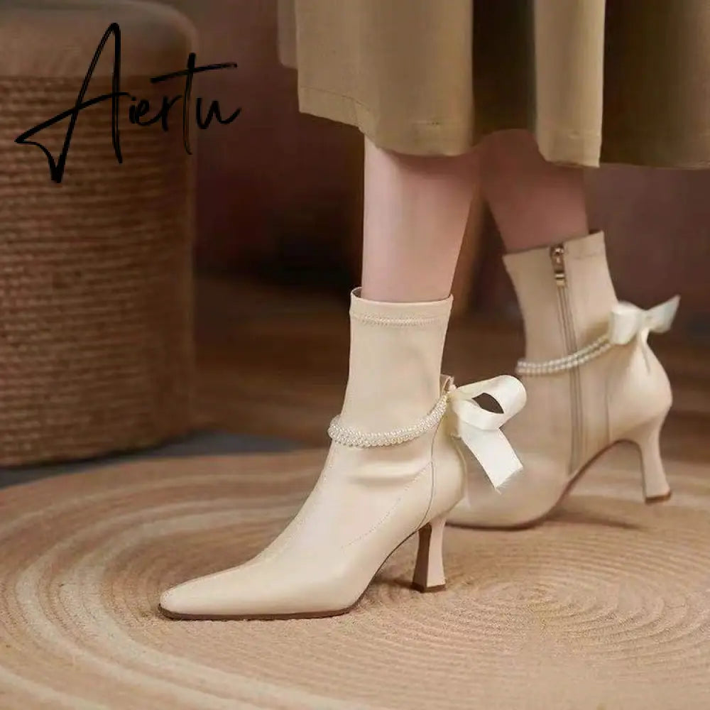 Aiertu High Heels Dress Shoes Pointed Toe Bare Boots Black Booties Thin Heeled Fashion Ankle Boots Retro Ladies Shoes Botas Aiertu