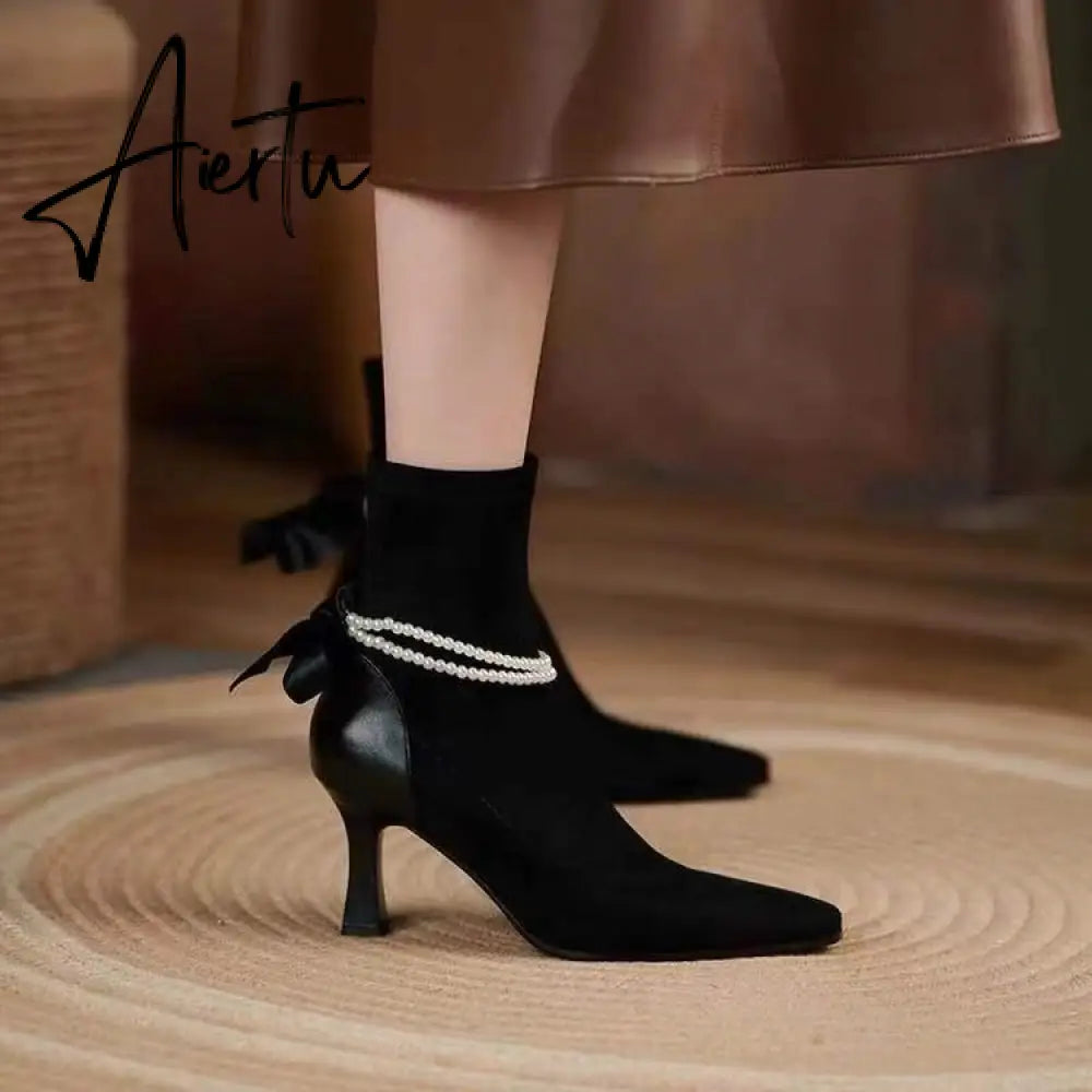 Aiertu High Heels Dress Shoes Pointed Toe Bare Boots Black Booties Thin Heeled Fashion Ankle Boots Retro Ladies Shoes Botas Aiertu