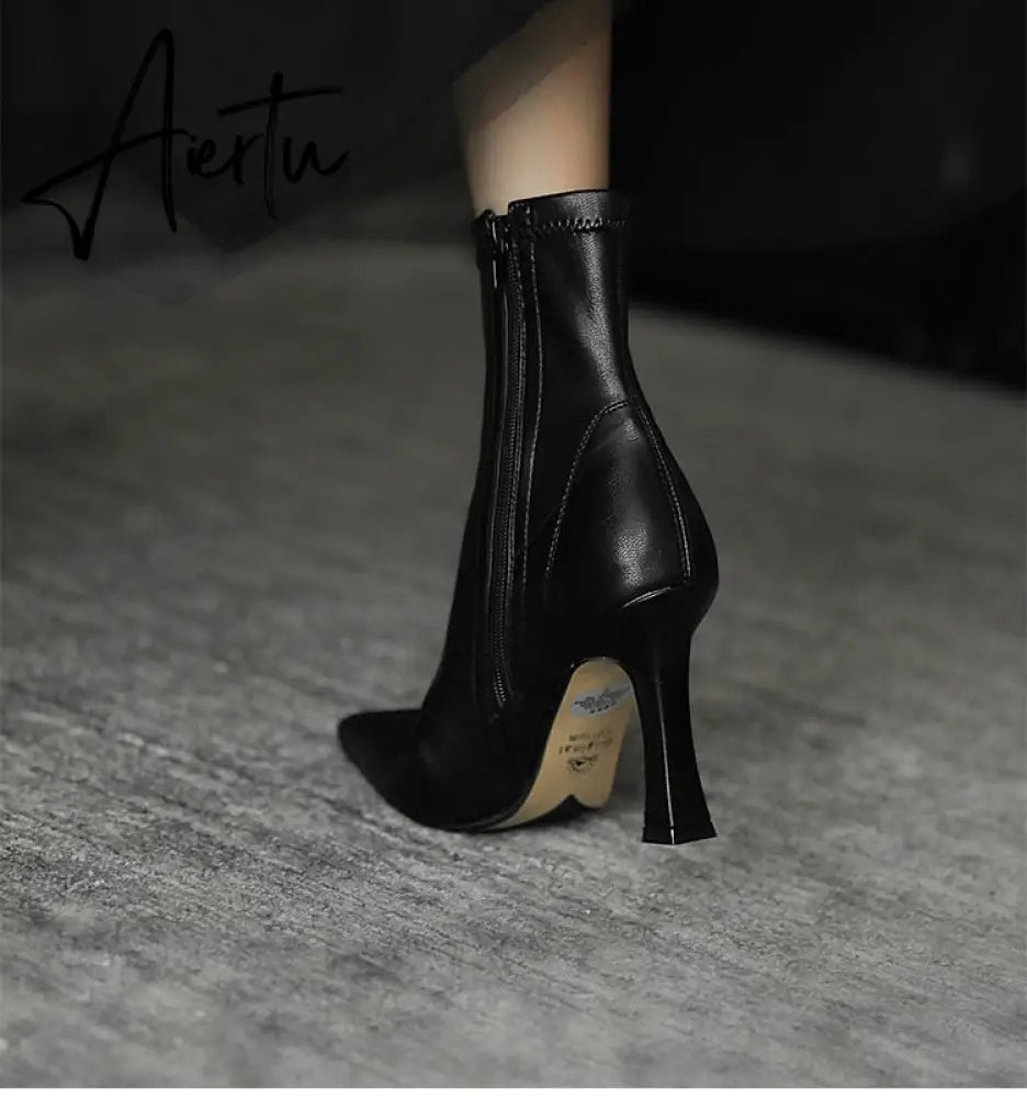 Aiertu High Heels Dress Shoes Pointed Toe Bare Boots Black Booties Thin Heeled Fashion Ankle Boots Retro Ladies Shoes Botas Aiertu