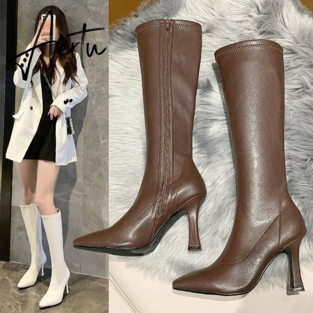 Aiertu High Heels Dress Shoes Pointed Toe Bare Boots Black Booties Thin Heeled Fashion Ankle Boots Retro Ladies Shoes Botas Aiertu
