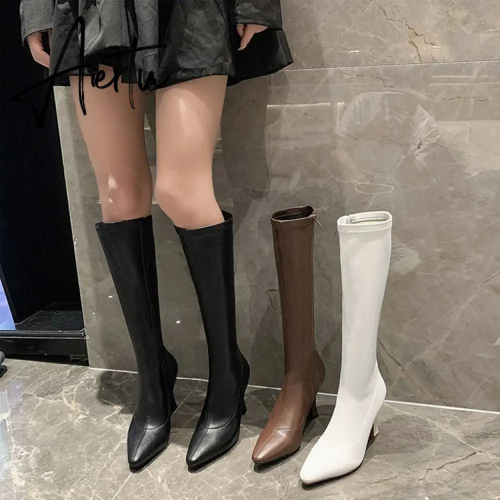 Aiertu  High Heels Dress Shoes Pointed Toe Bare Boots Black Booties Thin Heeled Fashion Ankle Boots Retro Ladies Shoes Botas Aiertu