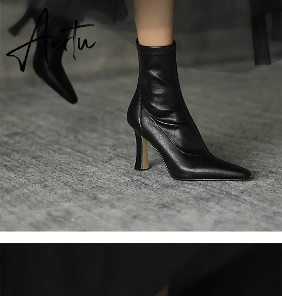 Aiertu High Heels Dress Shoes Pointed Toe Bare Boots Black Booties Thin Heeled Fashion Ankle Boots Retro Ladies Shoes Botas Aiertu