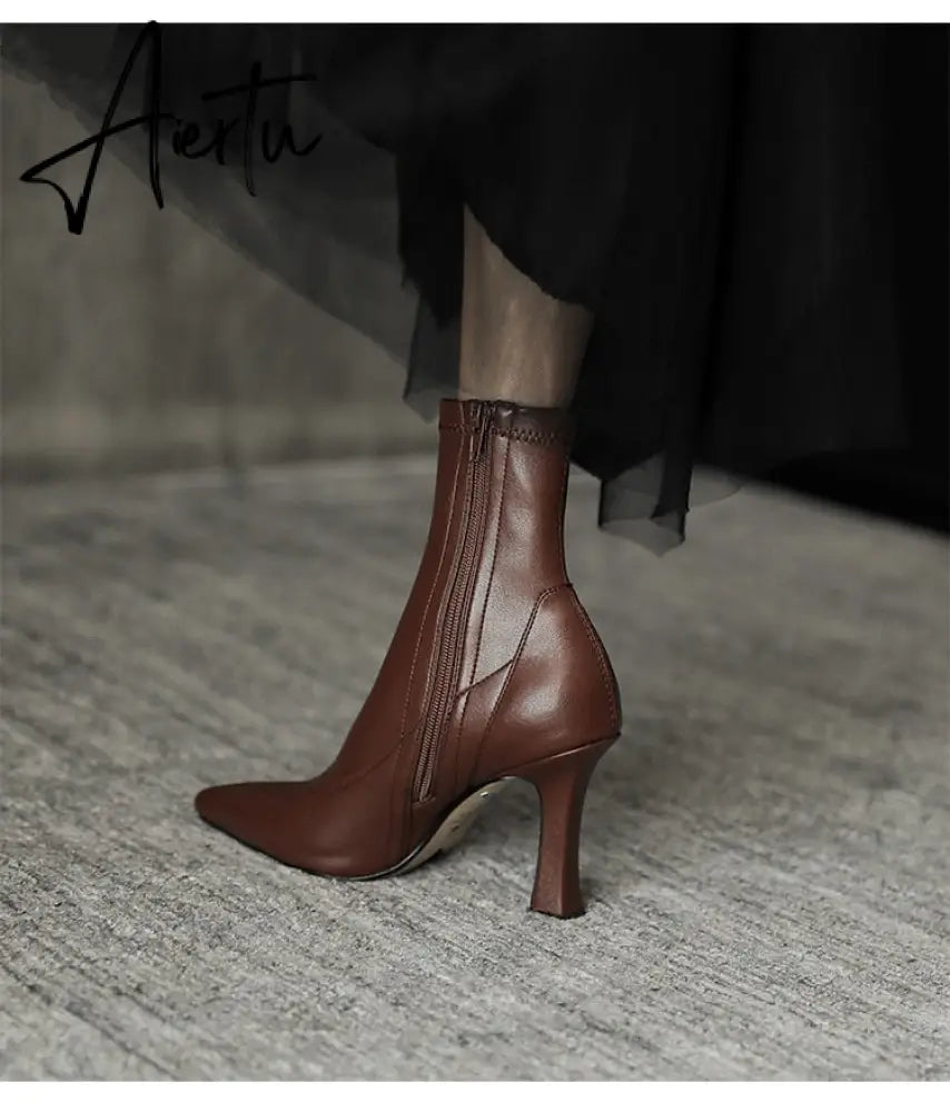 Aiertu High Heels Dress Shoes Pointed Toe Bare Boots Black Booties Thin Heeled Fashion Ankle Boots Retro Ladies Shoes Botas Aiertu