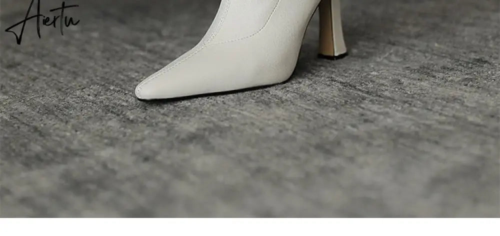 Aiertu High Heels Dress Shoes Pointed Toe Bare Boots Black Booties Thin Heeled Fashion Ankle Boots Retro Ladies Shoes Botas Aiertu