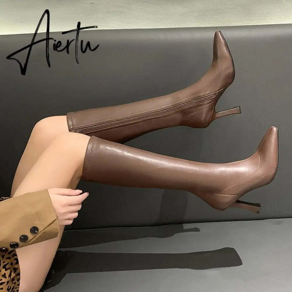 Aiertu High Heels Dress Shoes Pointed Toe Bare Boots Black Booties Thin Heeled Fashion Ankle Boots Retro Ladies Shoes Botas Aiertu