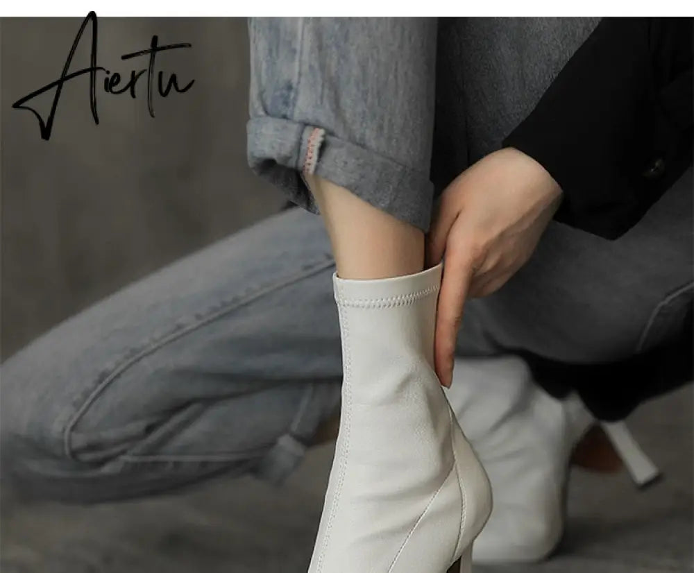 Aiertu High Heels Dress Shoes Pointed Toe Bare Boots Black Booties Thin Heeled Fashion Ankle Boots Retro Ladies Shoes Botas Aiertu