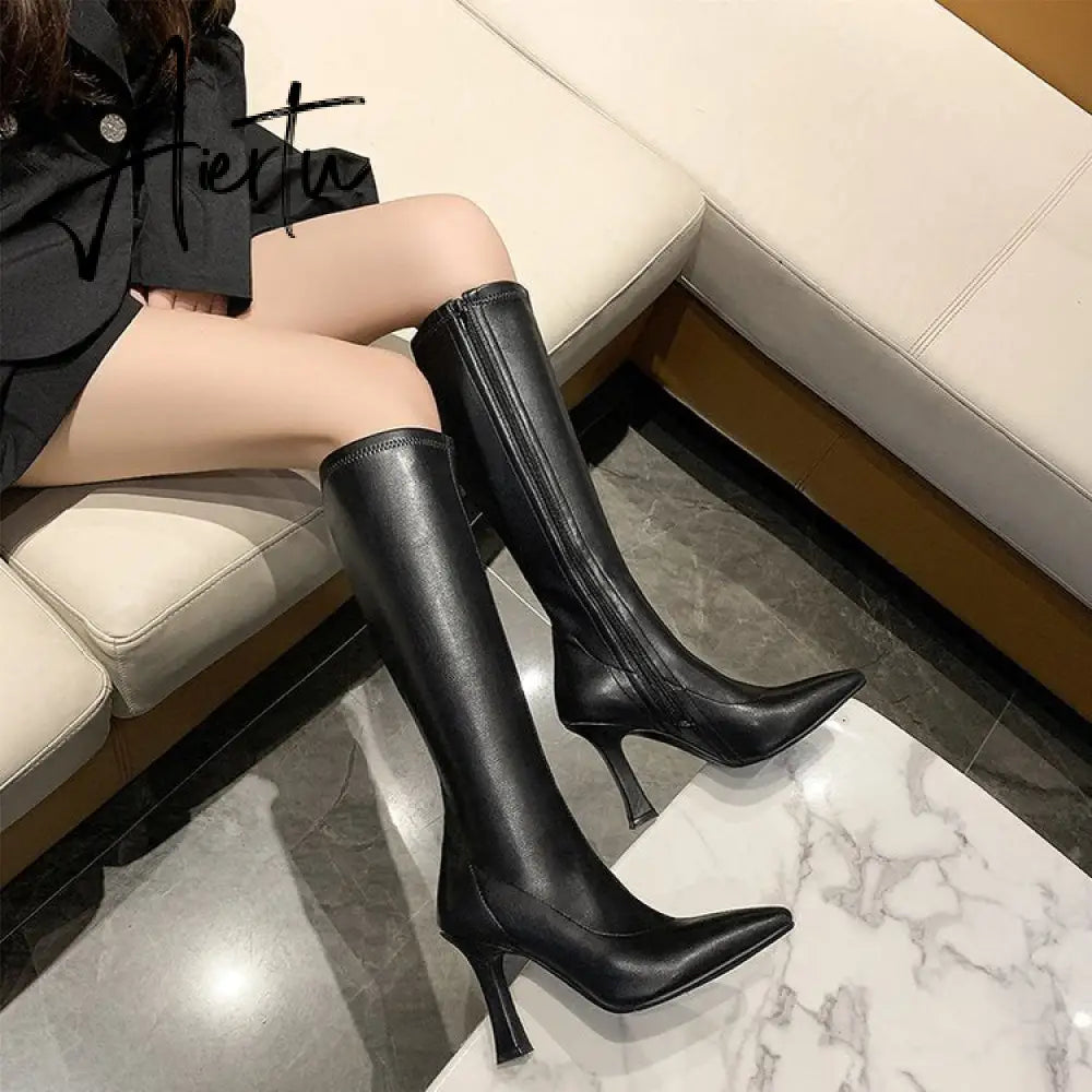 Aiertu High Heels Dress Shoes Pointed Toe Bare Boots Black Booties Thin Heeled Fashion Ankle Boots Retro Ladies Shoes Botas Aiertu