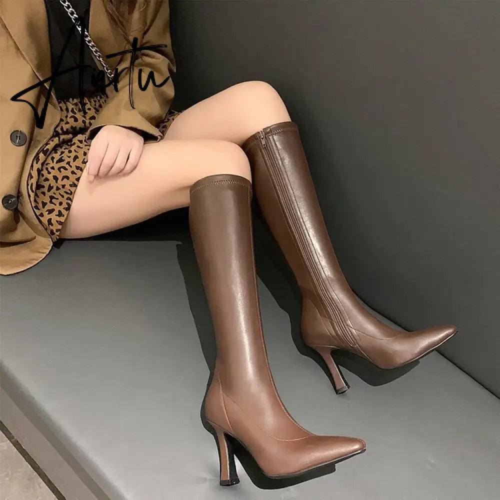 Aiertu High Heels Dress Shoes Pointed Toe Bare Boots Black Booties Thin Heeled Fashion Ankle Boots Retro Ladies Shoes Botas Aiertu