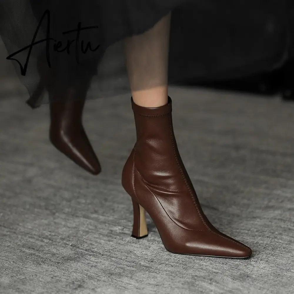 Aiertu High Heels Dress Shoes Pointed Toe Bare Boots Black Booties Thin Heeled Fashion Ankle Boots Retro Ladies Shoes Botas Aiertu