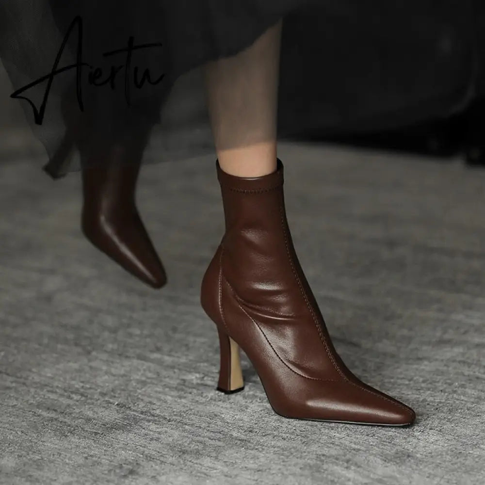 Aiertu  High Heels Dress Shoes Pointed Toe Bare Boots Black Booties Thin Heeled Fashion Ankle Boots Retro Ladies Shoes Botas Aiertu