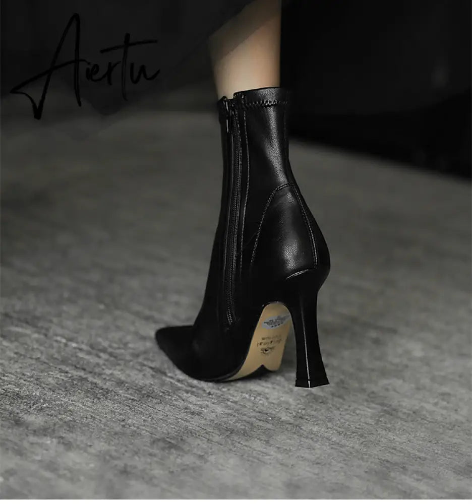 Aiertu  High Heels Dress Shoes Pointed Toe Bare Boots Black Booties Thin Heeled Fashion Ankle Boots Retro Ladies Shoes Botas Aiertu