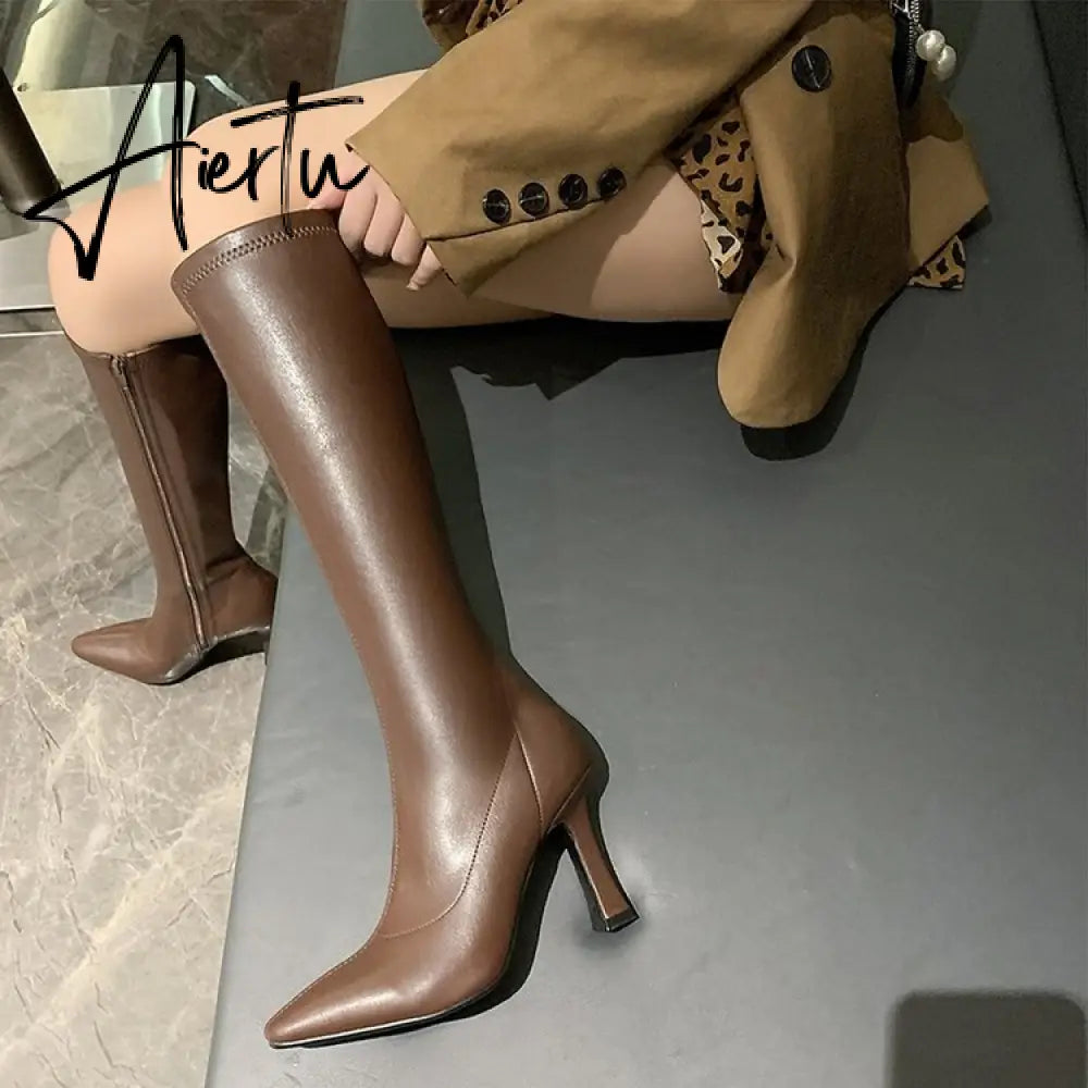 Aiertu High Heels Dress Shoes Pointed Toe Bare Boots Black Booties Thin Heeled Fashion Ankle Boots Retro Ladies Shoes Botas Aiertu