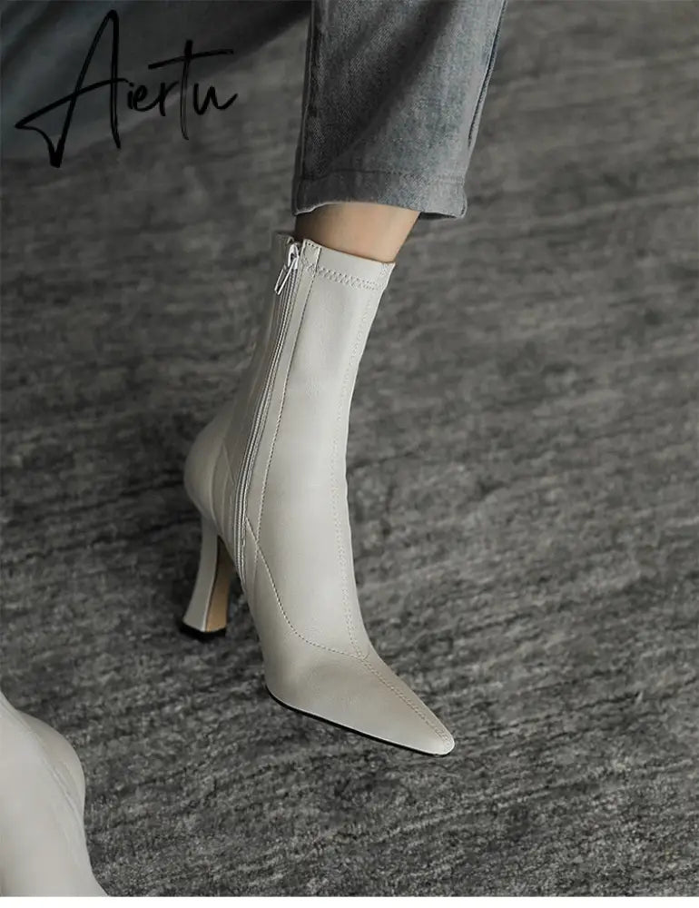 Aiertu High Heels Dress Shoes Pointed Toe Bare Boots Black Booties Thin Heeled Fashion Ankle Boots Retro Ladies Shoes Botas Aiertu