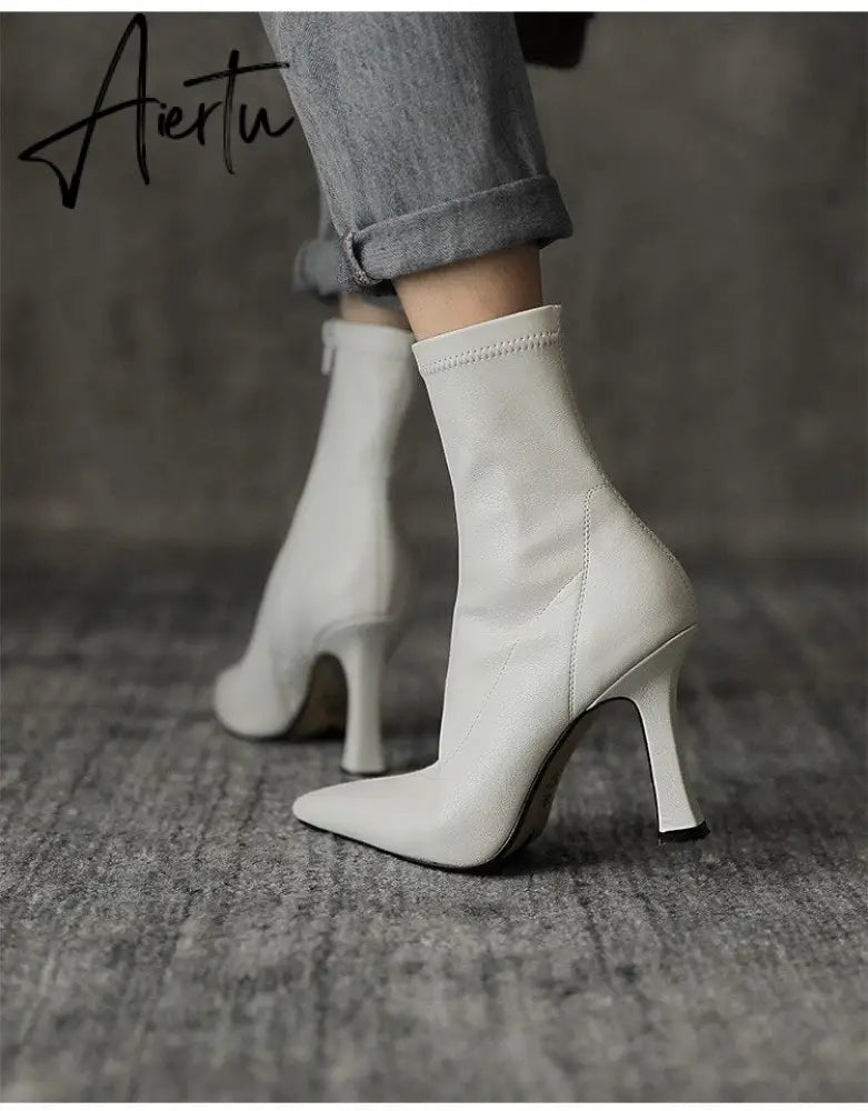 Aiertu High Heels Dress Shoes Pointed Toe Bare Boots Black Booties Thin Heeled Fashion Ankle Boots Retro Ladies Shoes Botas Aiertu